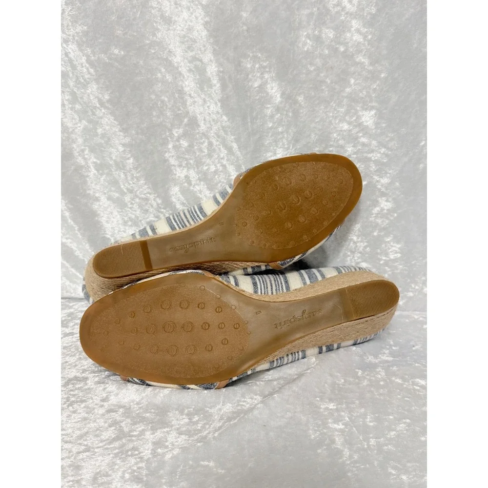 Easy Spirit Brigette Size-8W Blue White Striped Espadrille Wedge Peep Toe Shoes